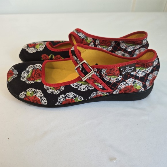 Hot Chocolate - Chocolaticas Mary‎ Jane Flats Rose Lace Print Buckle Shoes 7.5 - Picture 5 of 11
